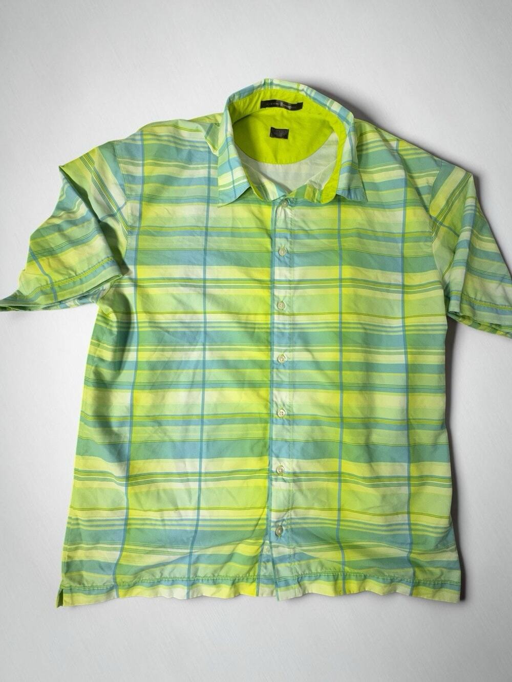 Tiger Woods Golf Shirt Mens L Green Striped Full Button Down Short Sleeve